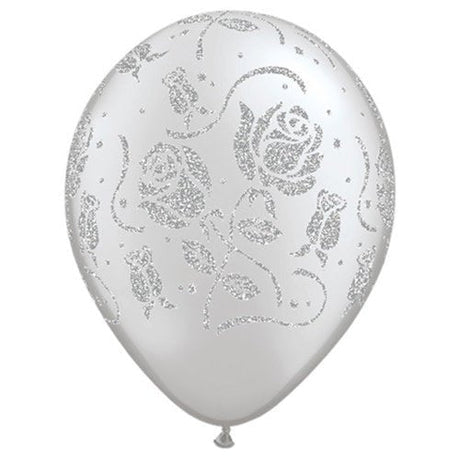 Latex Balloons Glitter Roses-A-Round Silver
