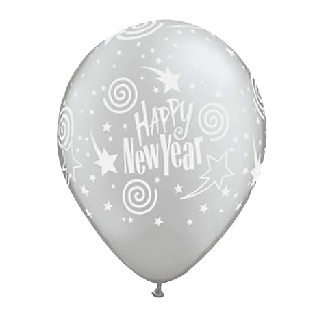 Latex Balloons Silver New Year's Swirling Stars 6 Pack