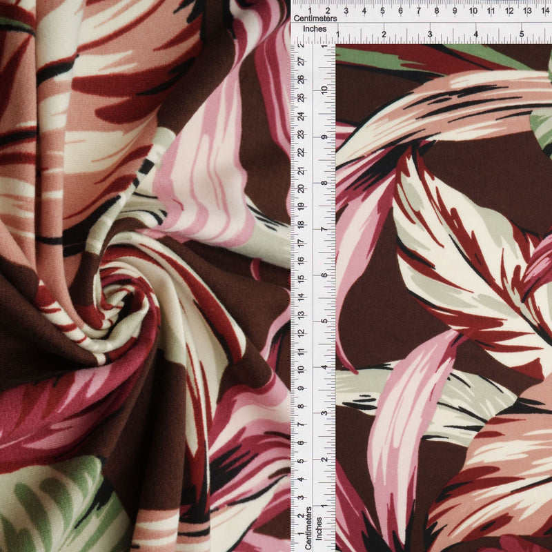 Brushed Leaf Print DTY Knit Fabric Brown