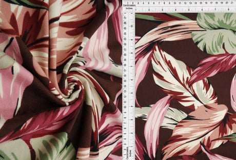 Brushed Leaf Print DTY Knit Fabric Brown