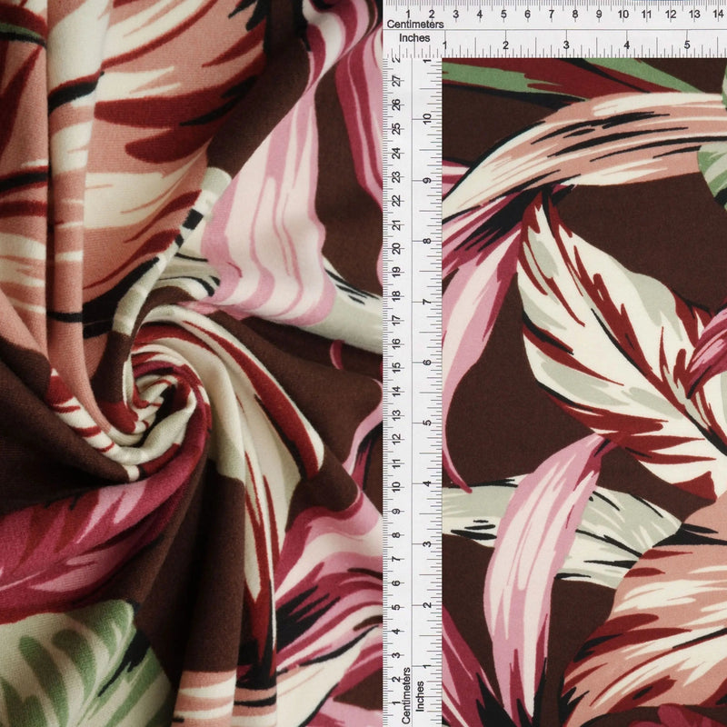 1 Yard Brushed DTY Leaf Print Knit Fabric 170 GSM, 58/60'' Wide Polyester Spandex Blend