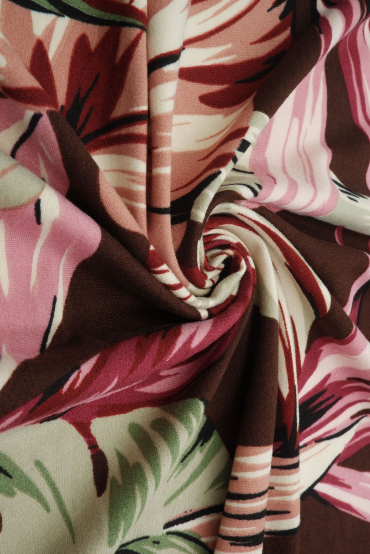Brushed Leaf Print DTY Knit Fabric Brown