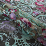 Embroidered Tulle Panel - Metallic Aqua and Fuchsia Floral