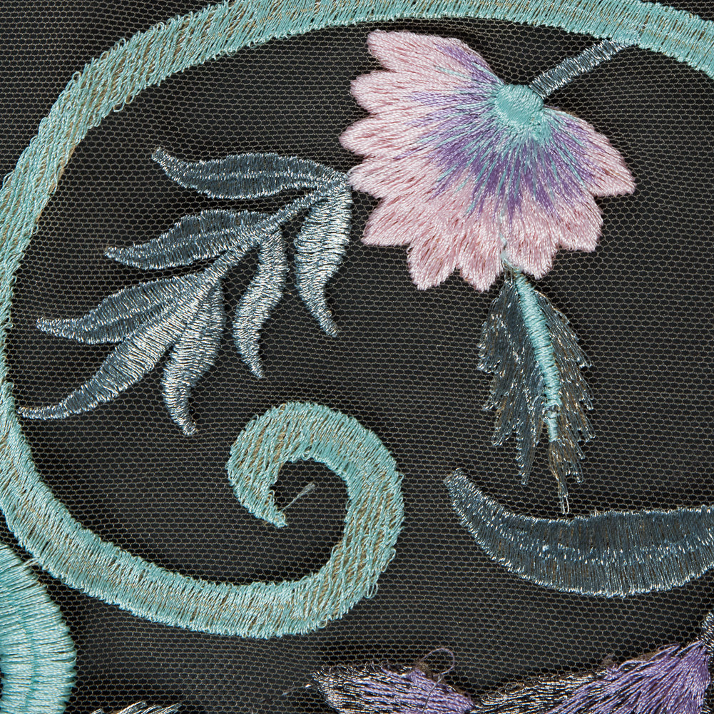 Embroidered Tulle Panel - Metallic Aqua and Fuchsia Floral
