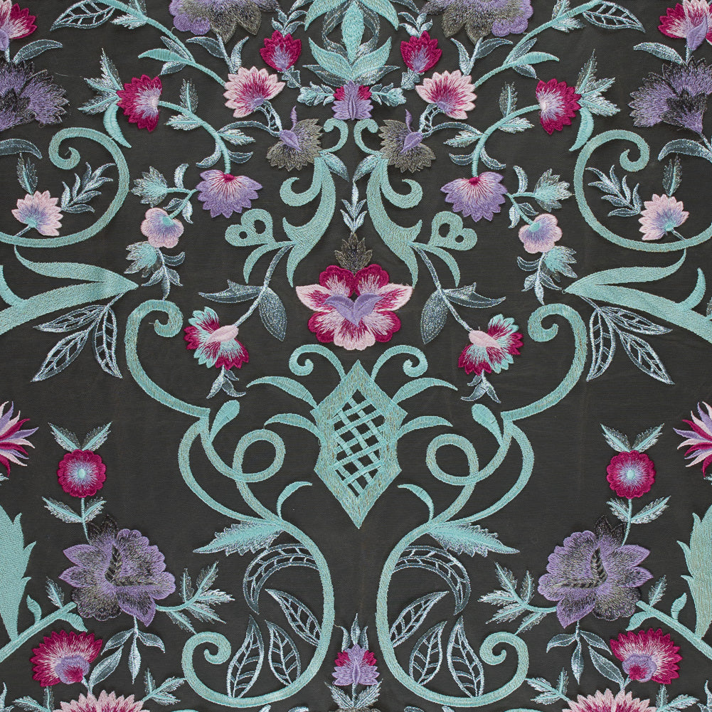 Embroidered Tulle Panel - Metallic Aqua and Fuchsia Floral