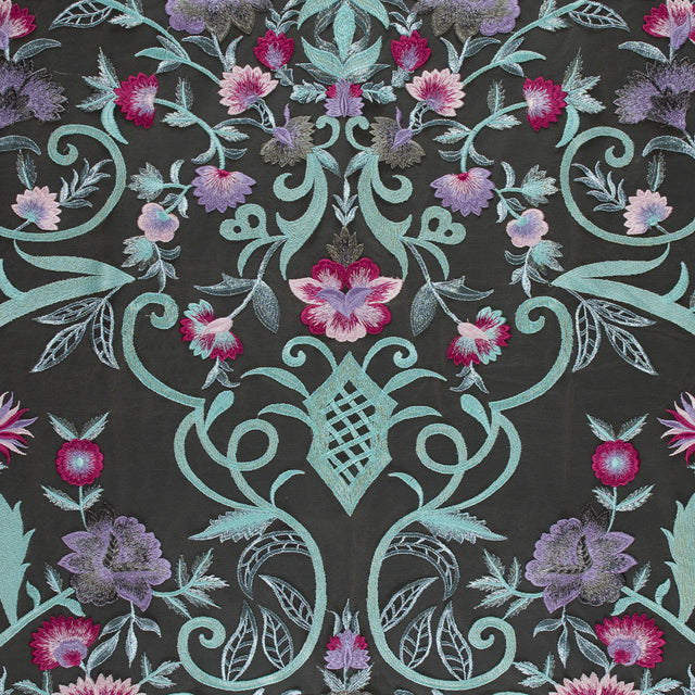 Embroidered Tulle Panel - Metallic Aqua and Fuchsia Floral