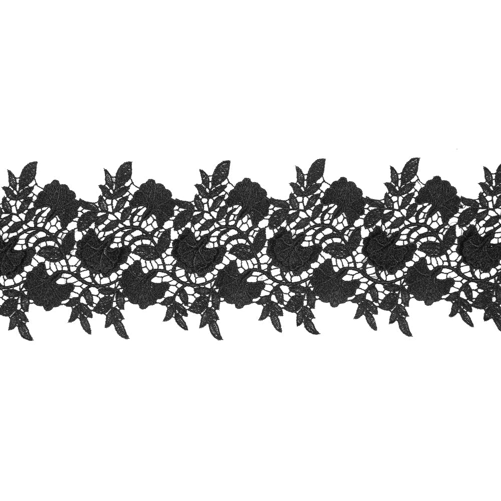 Metallic Black 3D Floral Lace Trim - 4"