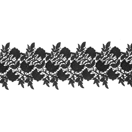 Metallic Black 3D Floral Lace Trim - 4"