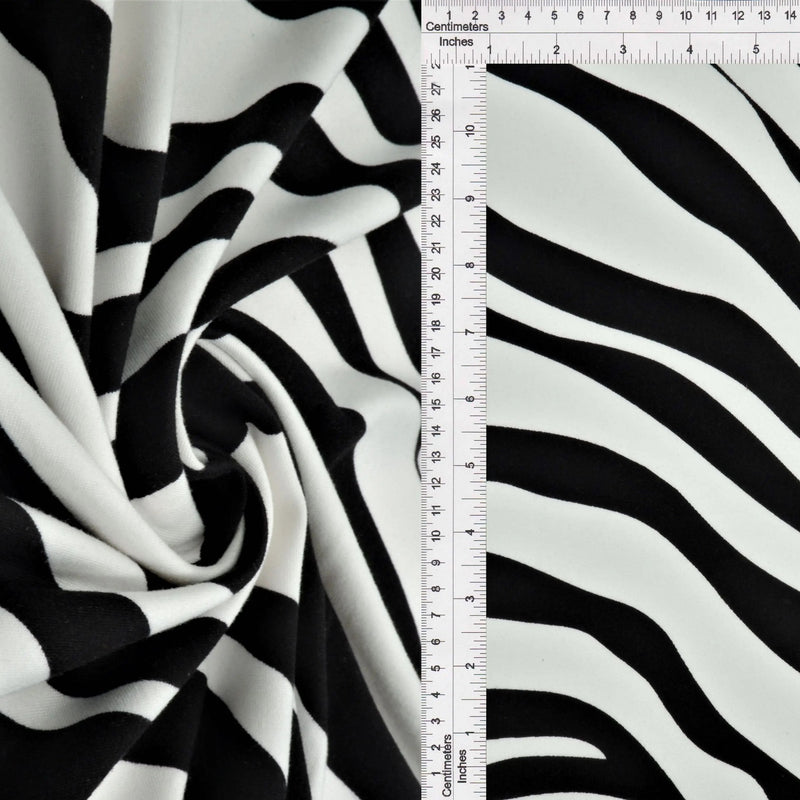 1 Yard Brushed DTY Zebra Print Knit Fabric 170 GSM, 58/60'' Wide Polyester Spandex Blend Black/Ivory