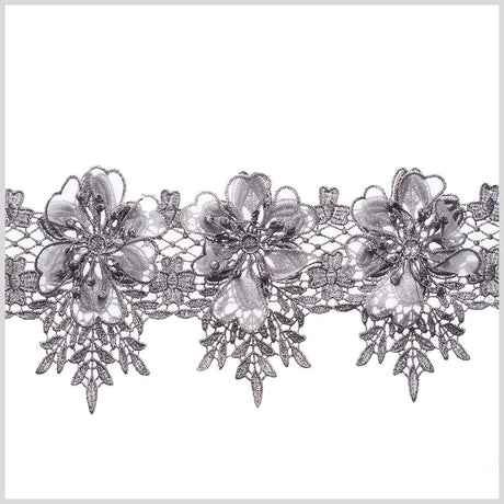 5" 3D Metallic Gunmetal Floral Lace Trim