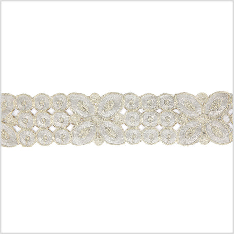 2.5" Metallic Silver/Gold Floral Embroidered Trim