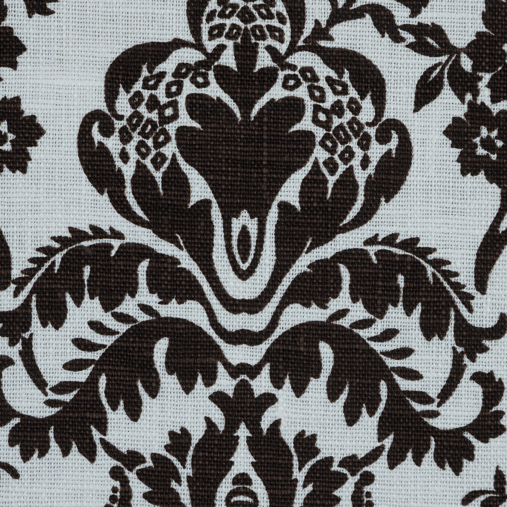 Brown and Lily White Damask Printed Linen Woven