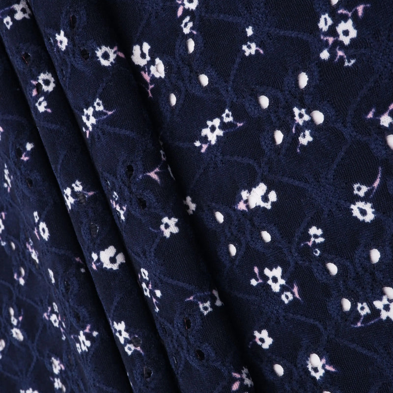 1 Yard Jacquard Eyelet Ditsy Floral Knit Fabric 190 GSM, 58/60'' Wide Polyester Spandex Blend