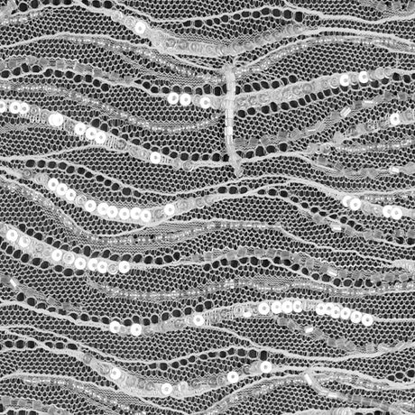 Beaded and Sequined Lace with Scallop Edge - White Abstract