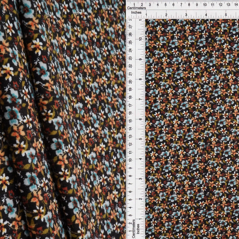 1 Yard Black Ditsy Floral 8x3 Yummy Rib Knit Fabric Soft Stretch 58/59 Inches Wide