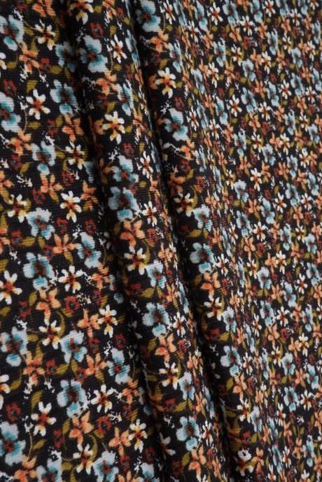 1 Yard Yummy Rib Ditsy Floral Knit Fabric 170 GSM, 58/59? Wide Polyester Spandex Blend Black