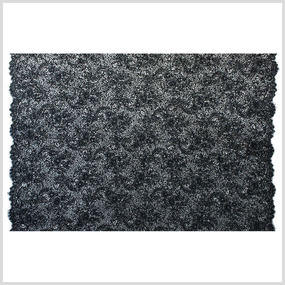 Beaded and Sequined Lace with Scallop Edge - Black Floral