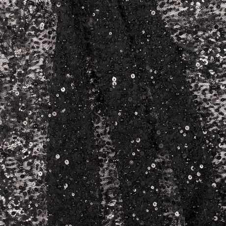 Beaded and Sequined Lace with Scallop Edge - Black Floral