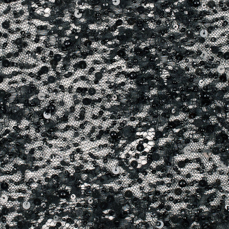 Beaded and Sequined Lace with Scallop Edge - Black Floral