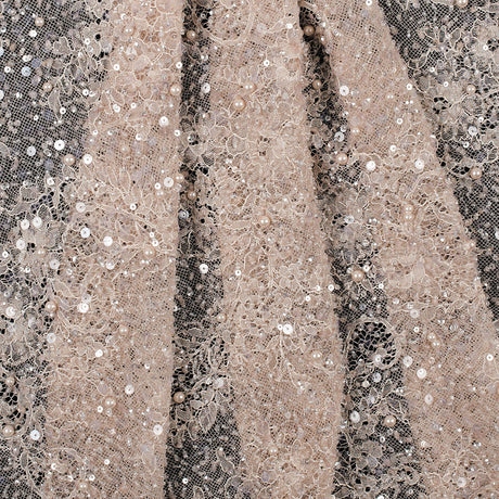 Beaded and Sequined Lace with Scallop Edge - Peach Floral