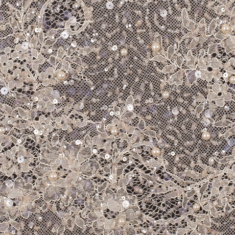 Beaded and Sequined Lace with Scallop Edge - Peach Floral