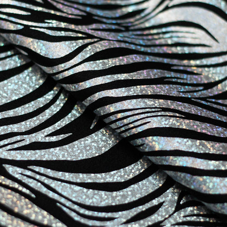 Roxy Zebra Nylon Spandex Fabric - Sparkly Hologram Zebra Print, Fuchsia, Green, Red, Silver, Gold On Black, 58-60" Width (1 Yard)