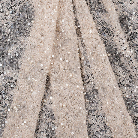 Beaded and Sequined Lace with Scallop Edge - Beige Floral