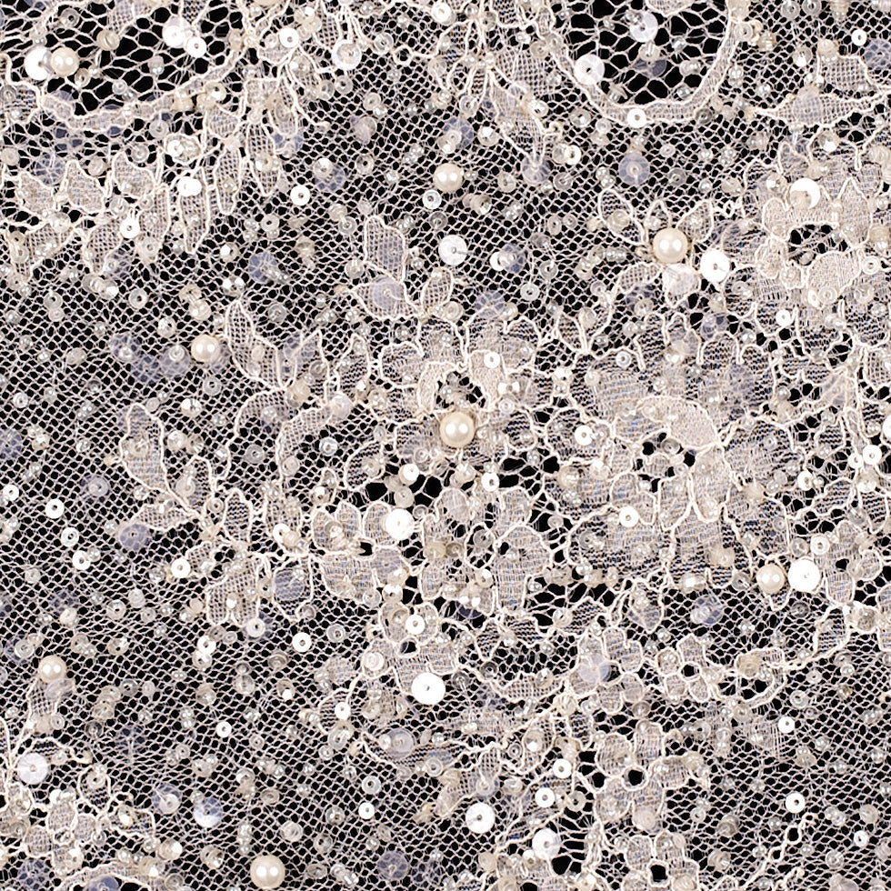Beaded and Sequined Lace with Scallop Edge - Beige Floral