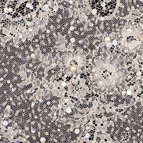 Beaded and Sequined Lace with Scallop Edge - Beige Floral