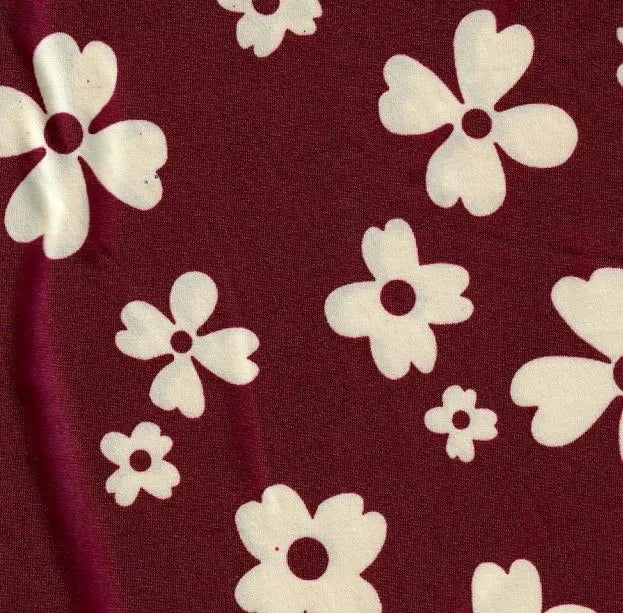 1 Yard Brushed DTY Floral Print Knit Fabric 170 GSM, 58/60? Wide Polyester Spandex Blend Burgundy