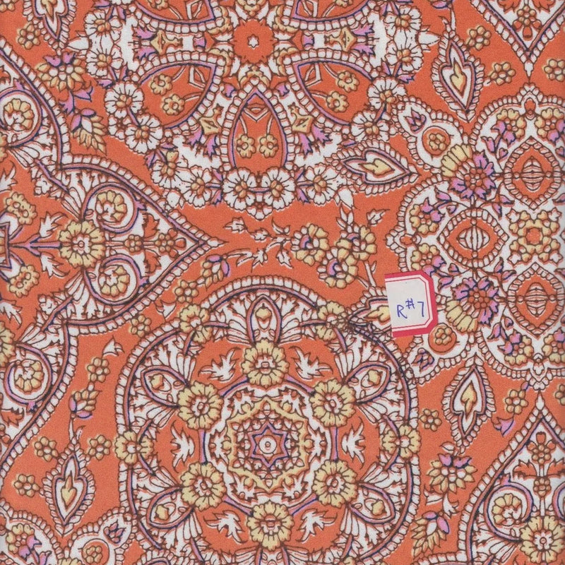 1 Yard DTY Medallion Print Knit Fabric 180 GSM, 58/60? Wide Polyester Spandex Blend Orange