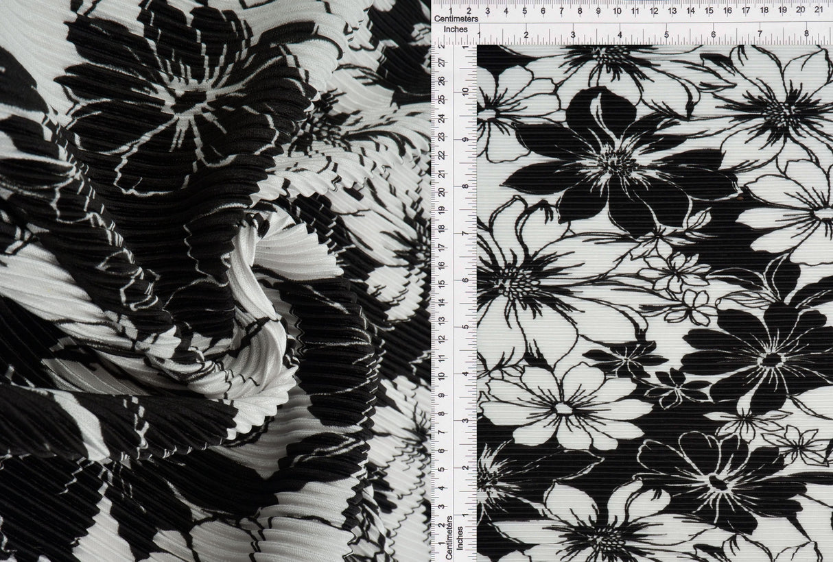 Pleated Flower Print Knit Fabric