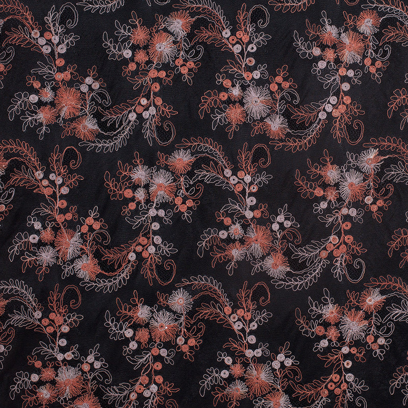 Black/Brown/Beige Scallop Edge Re-Embroidered Lace on Mesh