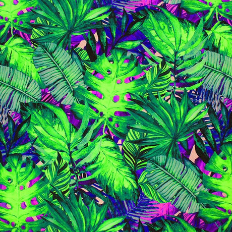 Mixed Palm Leaves Fluorescent Ground Printed Spandex Fabric