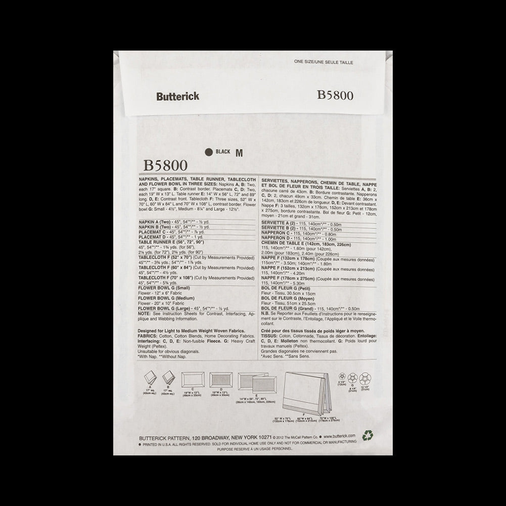 Butterick Table Dressings Pattern B5800