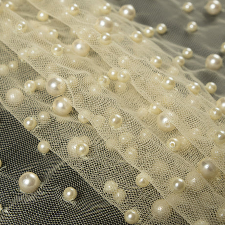 Mesh Lace with Pearl Beads - Pale Yellow