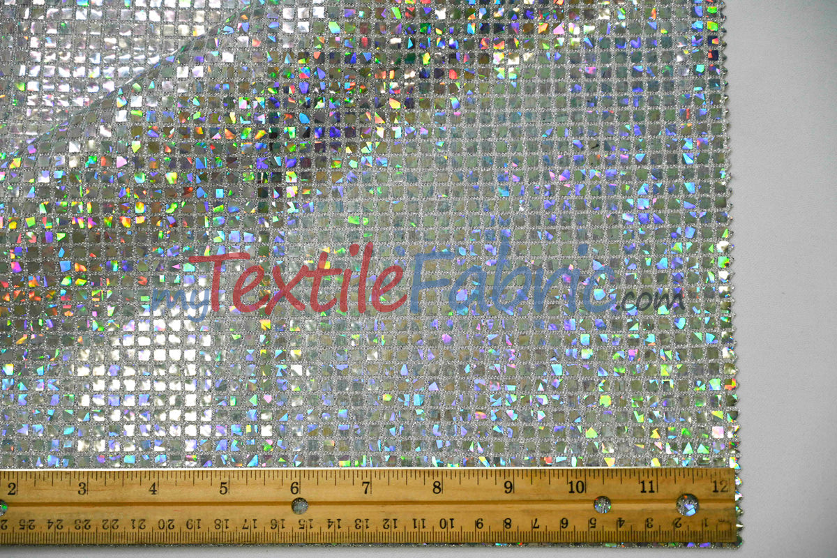 Holographic Mini Square Sequins Mesh Fabric - Holographic Mini Square Sequins, 45" Width (By The Yard)
