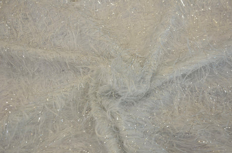 White Shaggy Brocade Polyester Fabric - White Metallic Eyelash, Sheer Woven Texture, 56/57" Width (Yards)