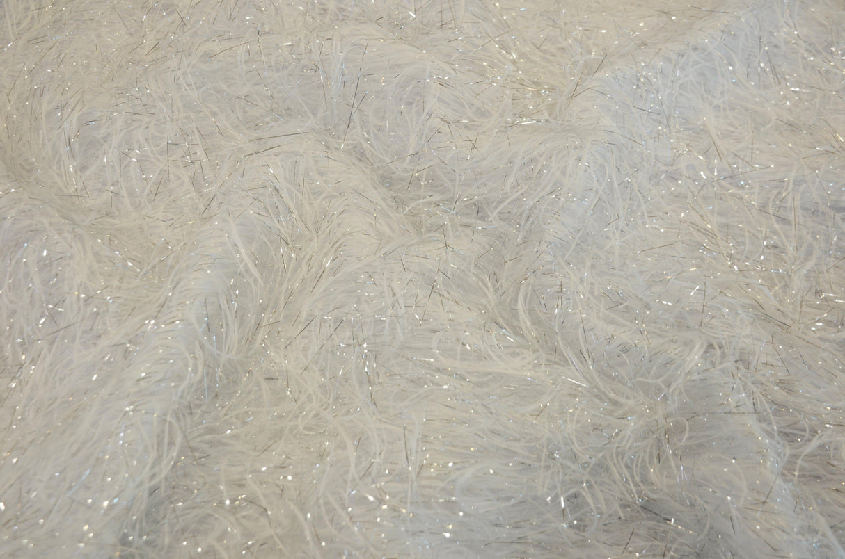 White Shaggy Brocade Polyester Fabric - White Metallic Eyelash, Sheer Woven Texture, 56/57" Width (Yards)