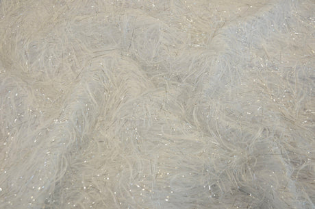 White Shaggy Brocade Polyester Fabric - White Metallic Eyelash, Sheer Woven Texture, 56/57" Width (Yards)