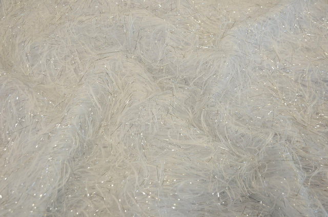 White Shaggy Brocade Polyester Fabric - White Metallic Eyelash, Sheer Woven Texture, 56/57" Width (Yards)