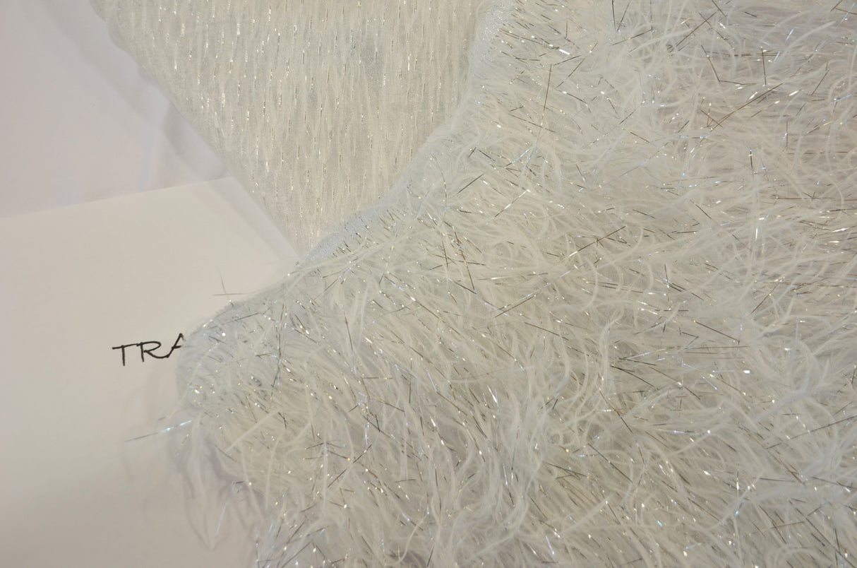 White Shaggy Brocade Polyester Fabric - White Metallic Eyelash, Sheer Woven Texture, 56/57" Width (Yards)