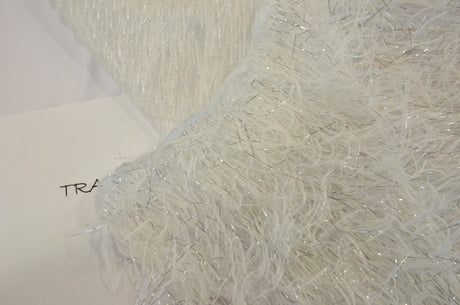 White Shaggy Brocade Polyester Fabric - White Metallic Eyelash, Sheer Woven Texture, 56/57" Width (Yards)