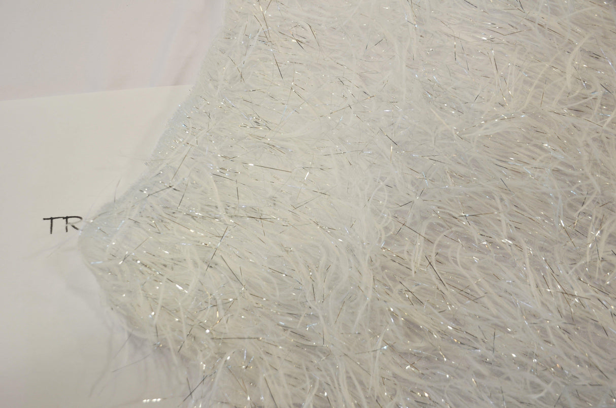 White Shaggy Brocade Polyester Fabric - White Metallic Eyelash, Sheer Woven Texture, 56/57" Width (Yards)