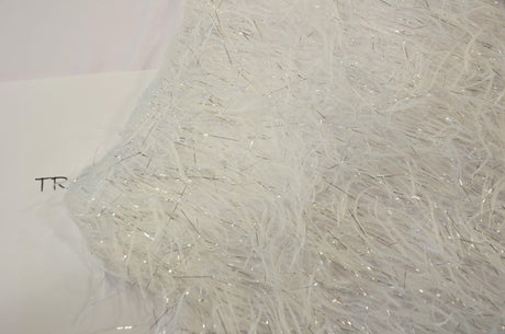 White Shaggy Brocade Polyester Fabric - White Metallic Eyelash, Sheer Woven Texture, 56/57" Width (Yards)