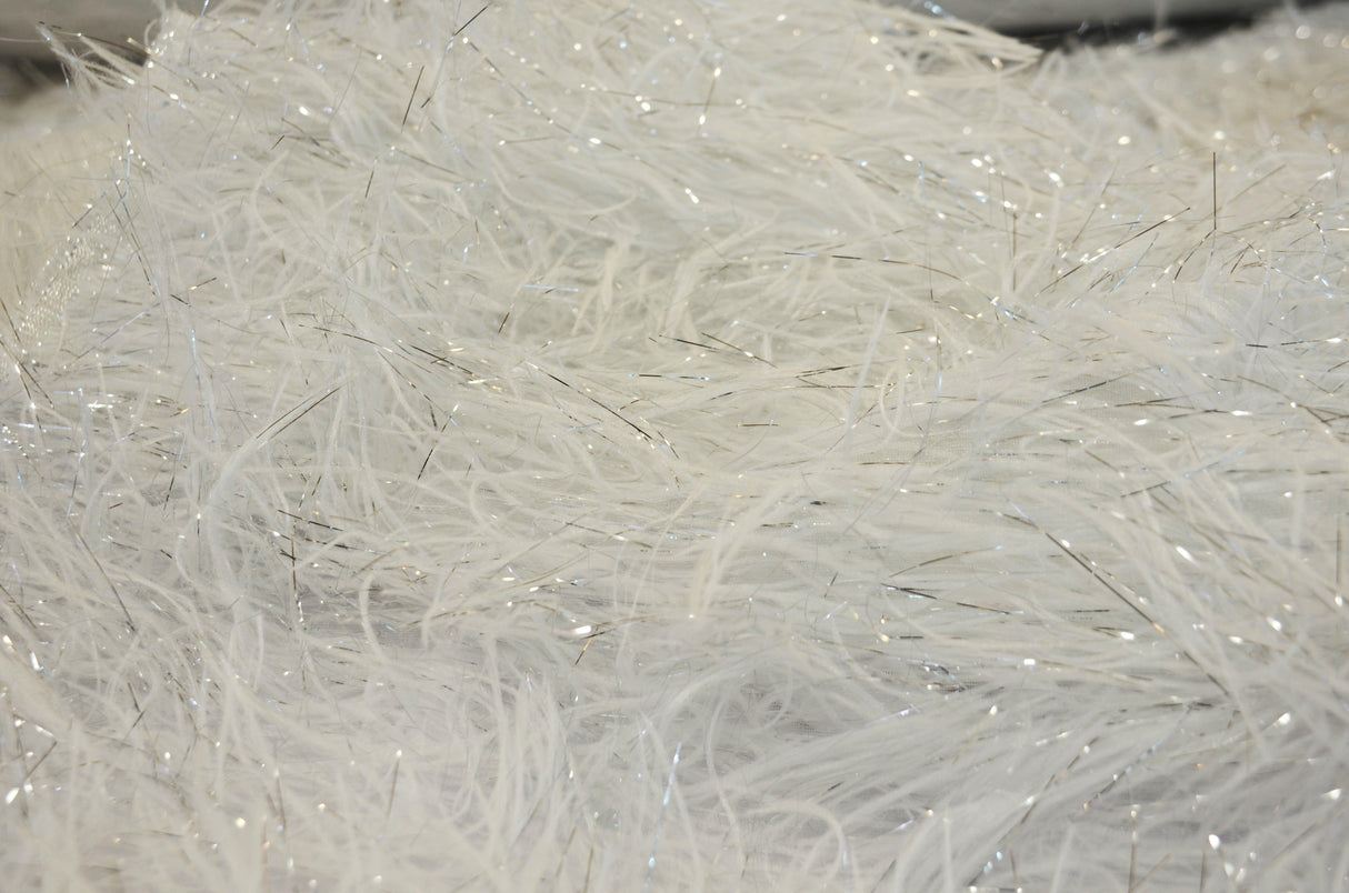 White Shaggy Brocade Polyester Fabric - White Metallic Eyelash, Sheer Woven Texture, 56/57" Width (Yards)