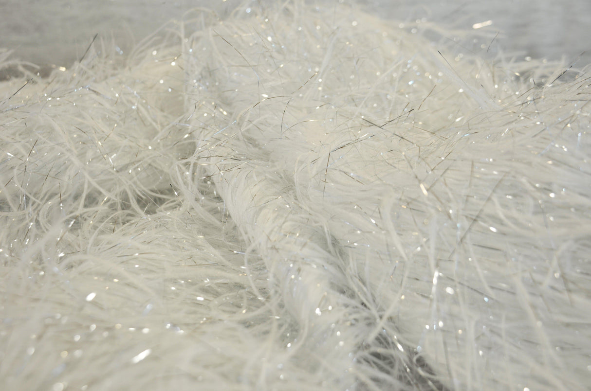 White Shaggy Brocade Polyester Fabric - White Metallic Eyelash, Sheer Woven Texture, 56/57" Width (Yards)