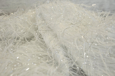 White Shaggy Brocade Polyester Fabric - White Metallic Eyelash, Sheer Woven Texture, 56/57" Width (Yards)