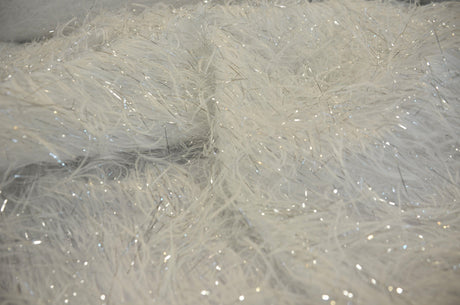 White Shaggy Brocade Polyester Fabric - White Metallic Eyelash, Sheer Woven Texture, 56/57" Width (Yards)