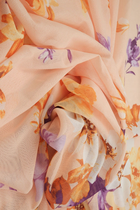 Floral Printed Mesh Fabric Navy